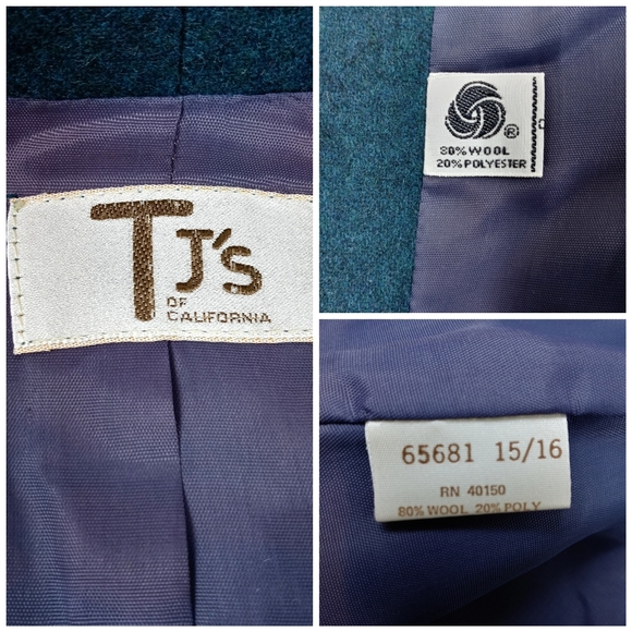 Vintage 70s TJ's of California Asymmetric Teal Wool Minimalist Blazer Size Large - Picture 8 of 8